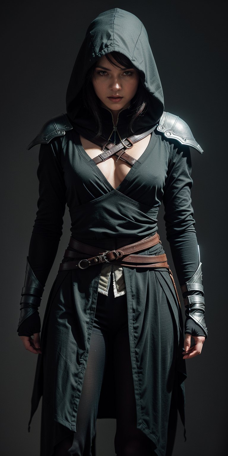 An assassin's creed character, hood, classic ninja attire. Integrate sleek, form-fitting fabrics with neon lights and digital patterns, Black, silver, and neon colors like electric blue and magenta. Use materials like high-tech polymers and carbon fiber, Digital wristband with holographic interface, energy blade, and cloaking device embedded in the suit, neutral grey background, masterful painting in the style of Anders Zorn | Marco Mazzoni | Yuri Ivanovich, Aleksi Briclot, Jeff Simpson, digital art painting style