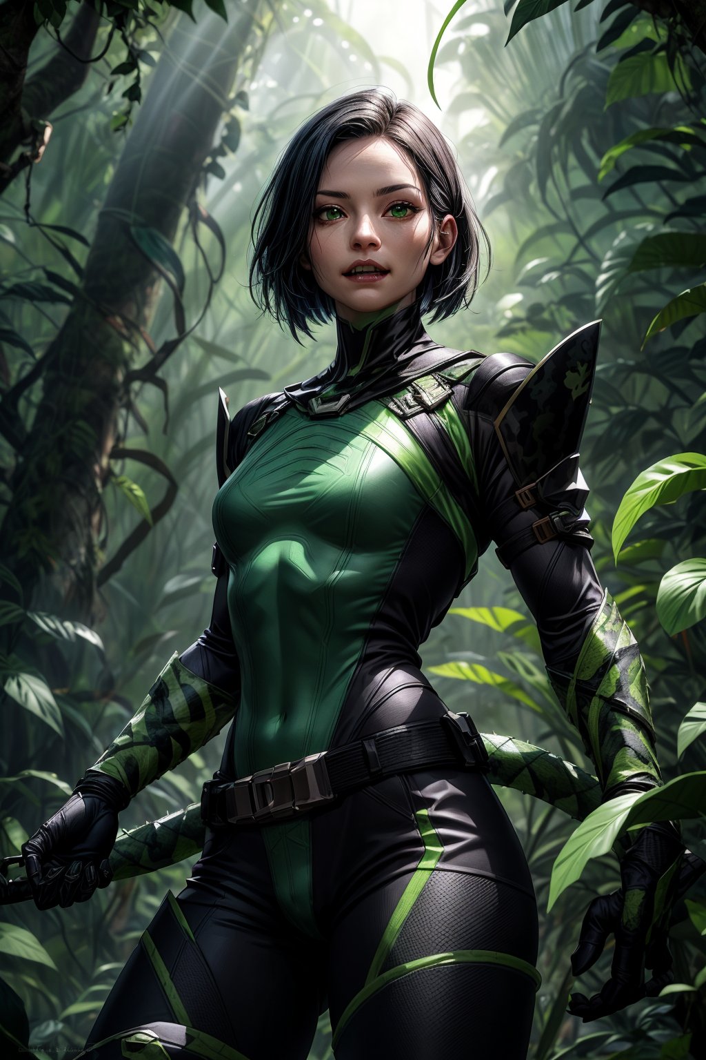 a medium shot of a jungle predator-themed Viper skin with camouflage armor made of leaves and vines, a tribal mask adorned with fangs and claws, and green bioluminescent markings, with her abilities reflecting nature's toxins, set in a dense, misty jungle teeming with exotic flora and fauna, valorant viper