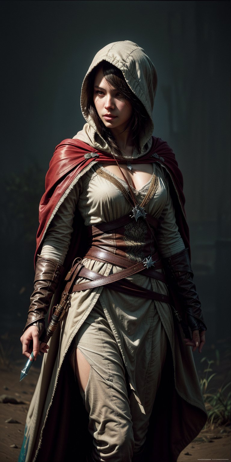 An assassin's creed character, hood, flowing robes with practical combat gear. Include face coverings, layered fabrics, and ornate jewelry, Sandy browns, deep reds, and turquoise. Use lightweight, breathable fabrics mixed with reinforced leather, Curved scimitar, hidden throwing knives, and a retractable sandboard for quick desert traversal, neutral grey background, masterful painting in the style of Anders Zorn | Marco Mazzoni | Yuri Ivanovich, Aleksi Briclot, Jeff Simpson, digital art painting style
