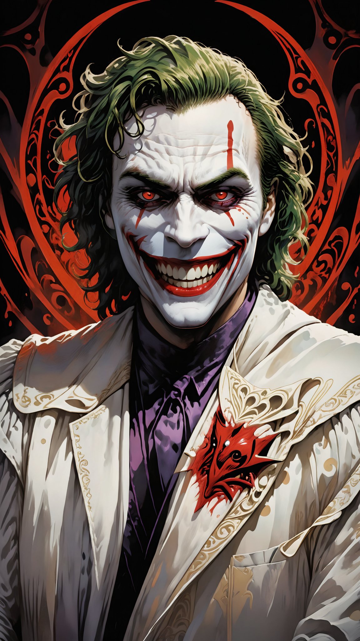 a medium shot of The Joker, white robe, artistic, intricate detail, red eyes, big smile, dark aura, dark background