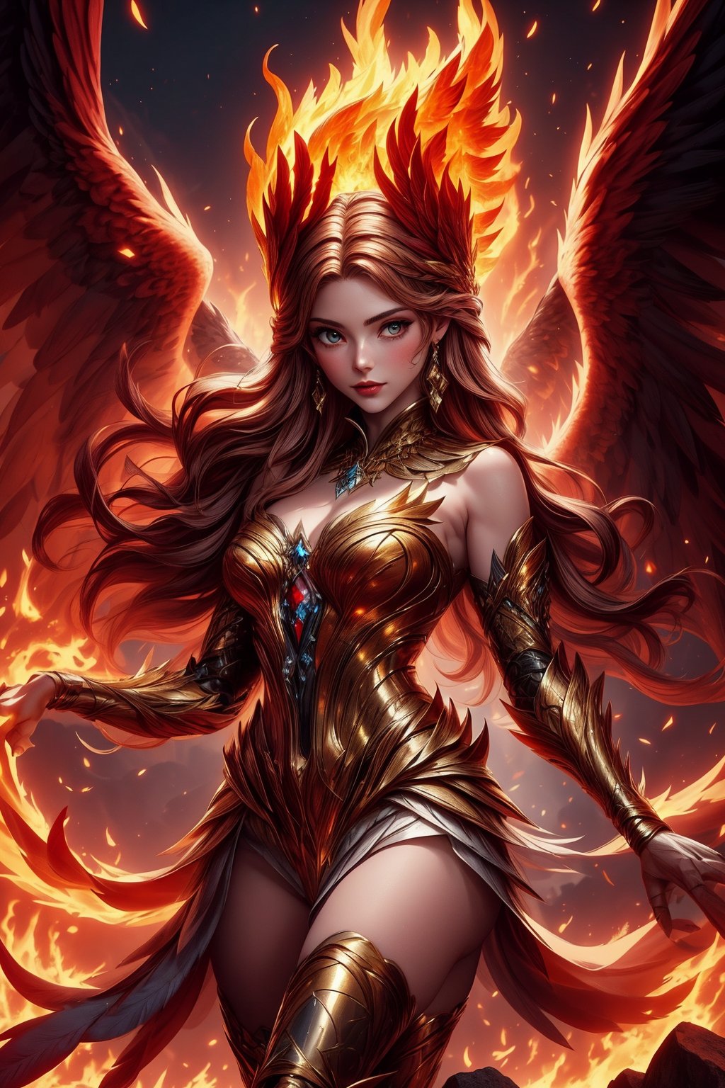 Odette with fiery red and gold robes adorned with phoenix feathers and embers. Her hair should blaze like fire, crowned with a fiery phoenix headdress. Her abilities should ignite with flames and phoenix feathers. The surrounding should be a volcanic sanctuary with lava flows, smoldering ruins, and an ancient phoenix statue radiating fiery light, Odette_ML