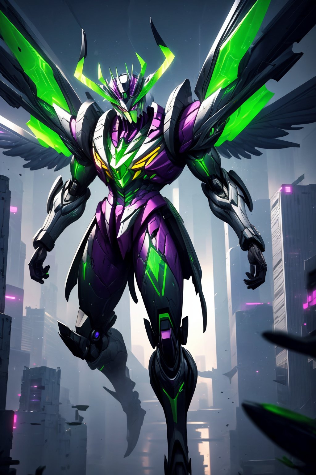 Argus with futuristic armor, robotic wings with jet thrusters, and a high-tech energy blade. The surrounding should be a high-tech cityscape with towering skyscrapers, neon lights, and holographic displays, Argus_ML,So_GunDam