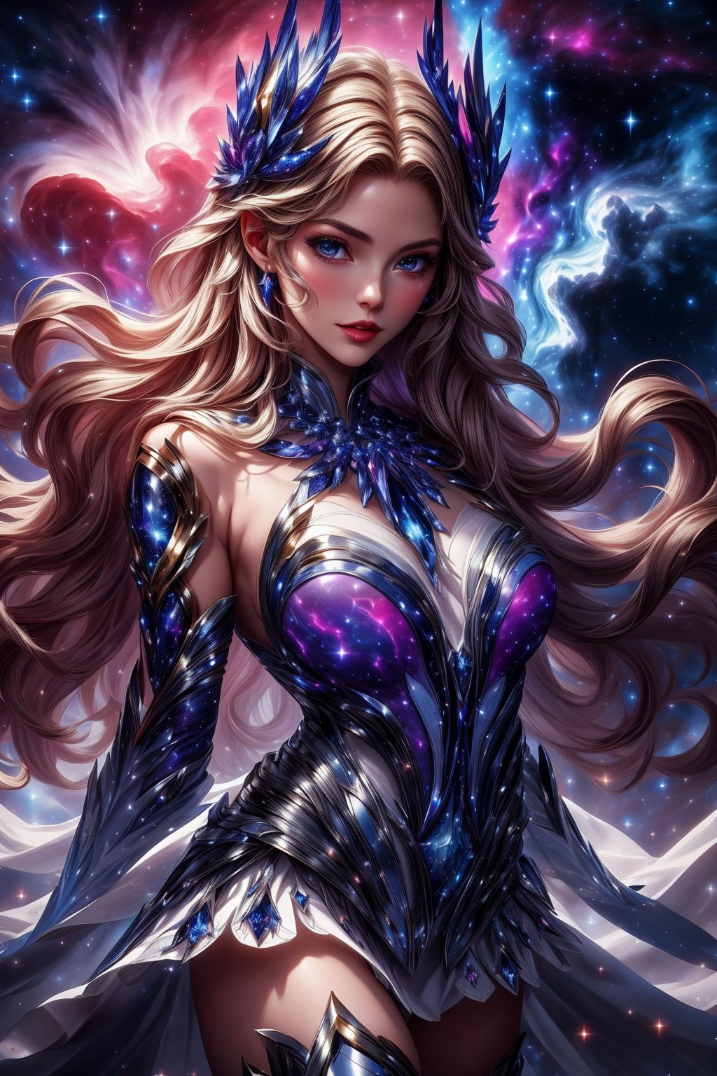 Odette with robes swirling with cosmic dust and nebulae in vibrant shades of purple, blue, and pink. Her hair should shimmer with cosmic energy and starlight. Her abilities should unleash cosmic storms and swirling galaxies. The surrounding should be a cosmic nebula with swirling gases, cosmic clouds, and distant stars, Odette_ML