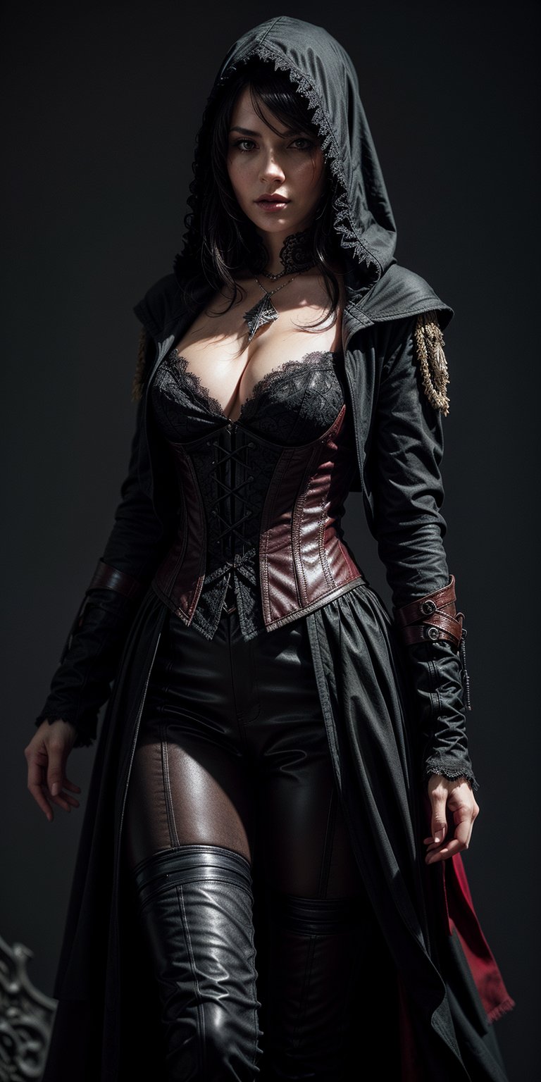 An assassin's creed character, hood, Victorian elegance with a dark, gothic twist. Use high-collared coats, corsets, and intricate lace patterns, Deep blacks, purples, and reds. Incorporate velvet, lace, and polished leather, neutral grey background, masterful painting in the style of Anders Zorn | Marco Mazzoni | Yuri Ivanovich, Aleksi Briclot, Jeff Simpson, digital art painting style