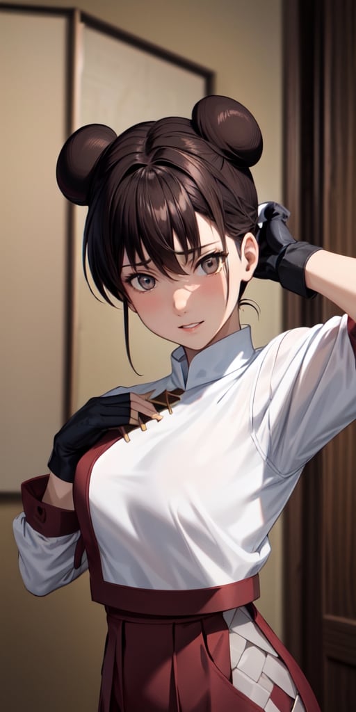 Tenten, black hair, brown eyes, two buns hair, masterpiece, best quality, highres, long-sleeved, high-collared white blouse with maroon edges, black fingerless gloves, puffy hakama-styled pants, revealing outfit, large breasts, medium shot, sexy pose, mature face