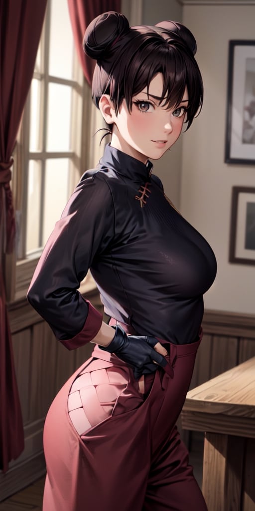 Tenten, black hair, brown eyes, two buns hair, masterpiece, best quality, highres, long-sleeved, high-collared white blouse with maroon edges, black fingerless gloves, puffy hakama-styled pants, revealing outfit, big breasts, medium shot, sexy pose, mature face
