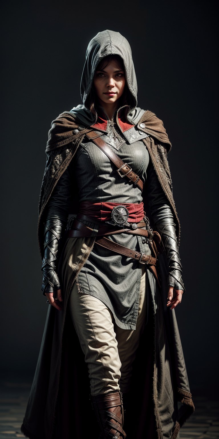 An assassin's creed character, hood, fur-lined cloaks, chainmail, and engraved metal plates, grey, brown, and silver. Incorporate fur, leather, and steel, and a rune-engraved bracer with mystical abilities, neutral grey background, masterful painting in the style of Anders Zorn | Marco Mazzoni | Yuri Ivanovich, Aleksi Briclot, Jeff Simpson, digital art painting style