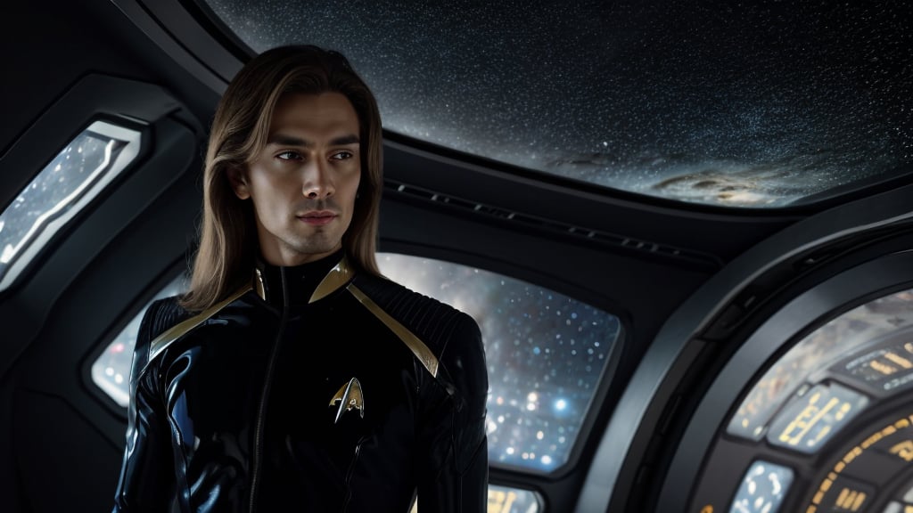 ((1male)), blond hair, (((long hair))), smooth straight hair, Pleiadian, Nordic Caucasian, Ashtar Sheran, sharp face, blue skin tight space suit, (((Commander))), (((logo gold star trek on chest))), bleu eyes, gentle eyes, extremely pale skin, shapeshifter, fantasy, otherworldly atmosphere, high quality, UE5, super detailed, Photorealistic, smirked, without helmet, inside of spaceship,