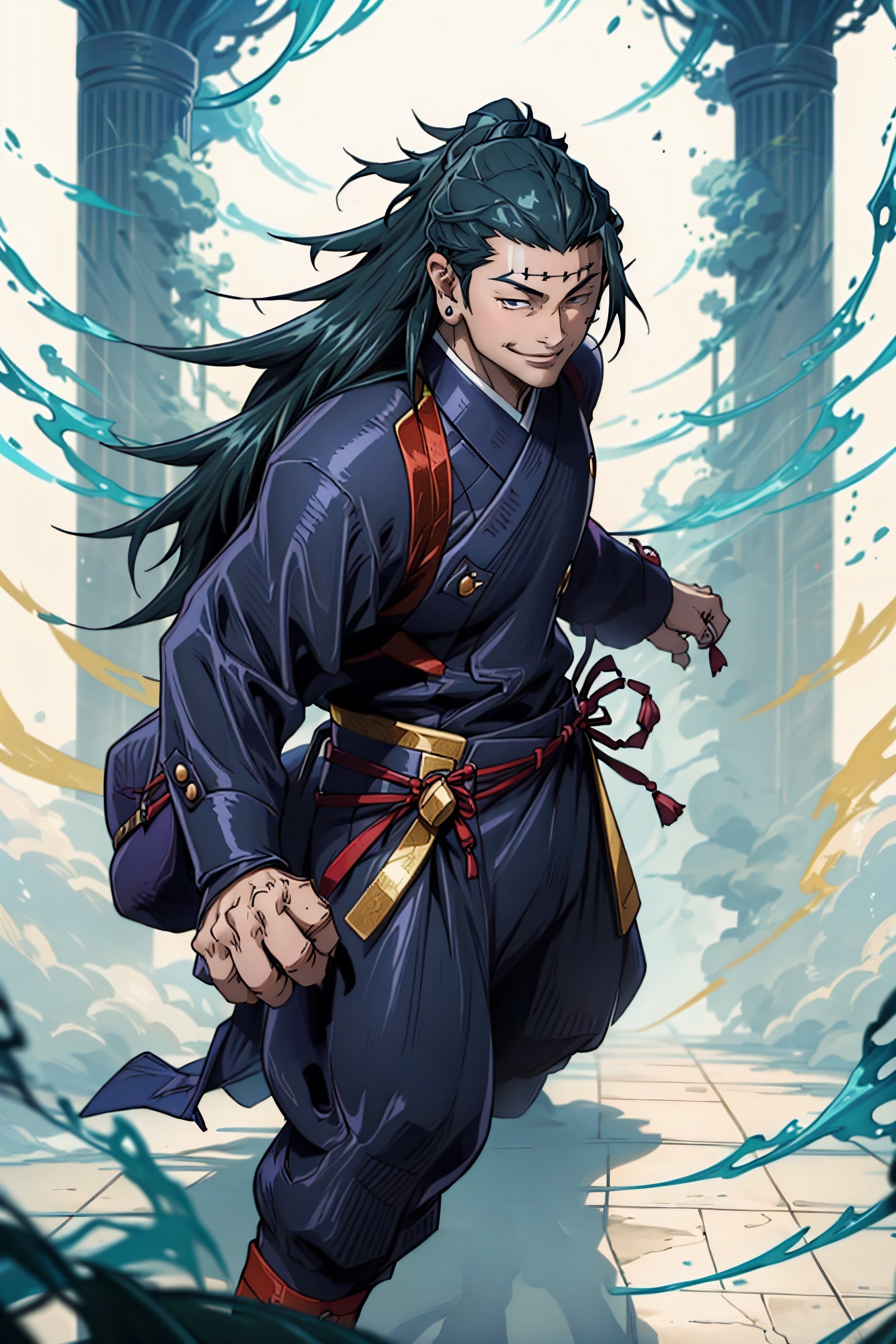  Suguru is a tall, slim man with long black hair  ,fighting , fantasy background  ,smile, fighting style ready for action , using cursis power
