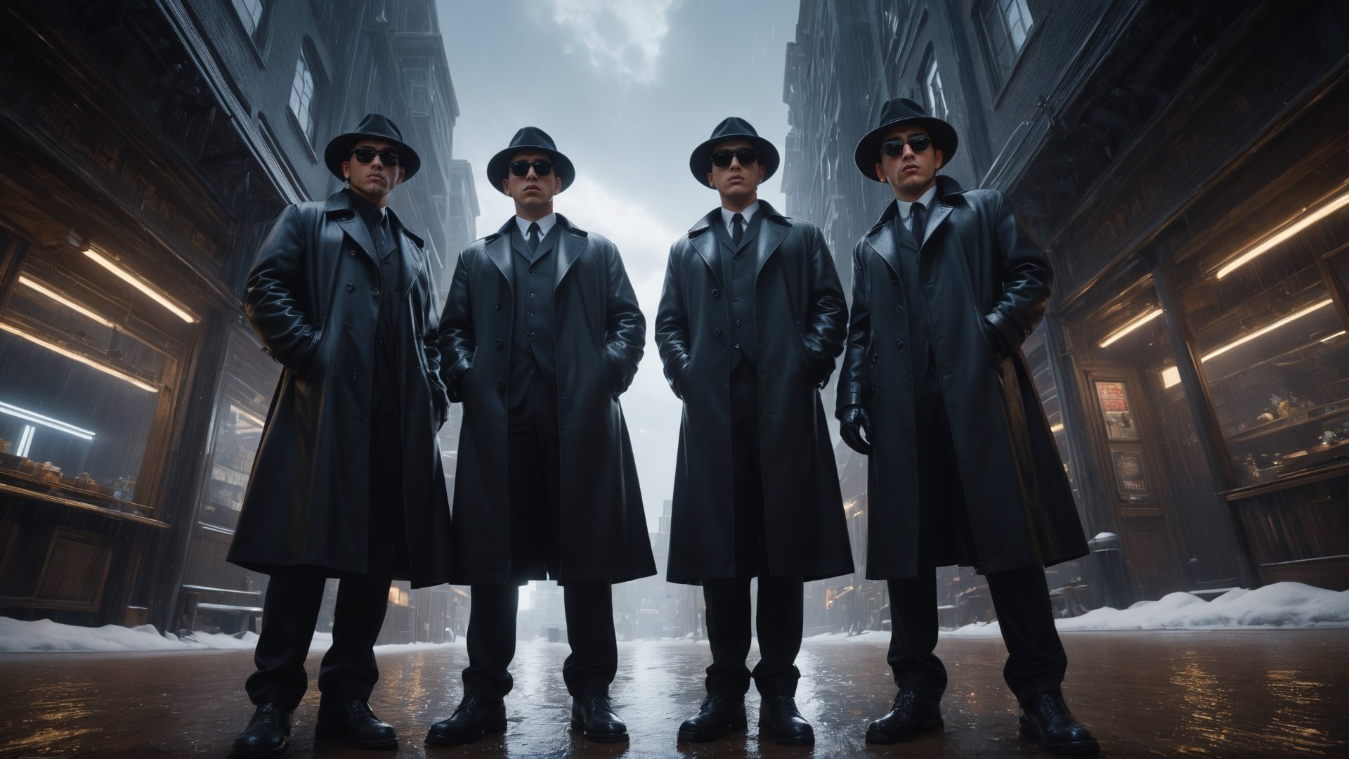 (((view from below, looking down, show the hand in front of the camera, First_person_camera:1.8, fish_eye_camera))), Cinematic of 4 men in black coats, Fedora hat, sunglasses, gloves, standing around a man as camera laying on stable, wet, mire, dark scene, heavy rain, overcast sky, mid-century. Film Still, realistic, dark color, hyper details, ((center:2)), Masterpiece, 8k Resolution Artstation, Unreal Engine 5, Cgsociety, Octane Photograph, sharp focus, Low_Angle:1.8, view from ground to face, looking camera. promptshare.art, zdyna_pose