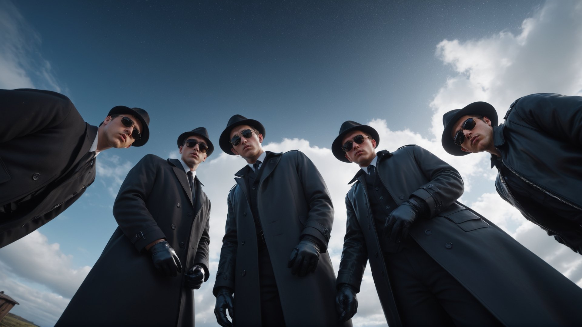 (((view from below, looking down, show the hand in front of the camera, First_person_camera:1.8, fish_eye_camera))), Cinematic of 4 men in black coats, Fedora hat, sunglasses, gloves, standing around a man as camera laying on stable, wet, mire, dark scene, heavy rain, overcast sky, mid-century. Film Still, realistic, dark color, hyper details, ((center:2)), Masterpiece, 8k Resolution Artstation, Unreal Engine 5, Cgsociety, Octane Photograph, sharp focus, Low_Angle:1.8, view from ground to face, looking camera. promptshare.art, zdyna_pose