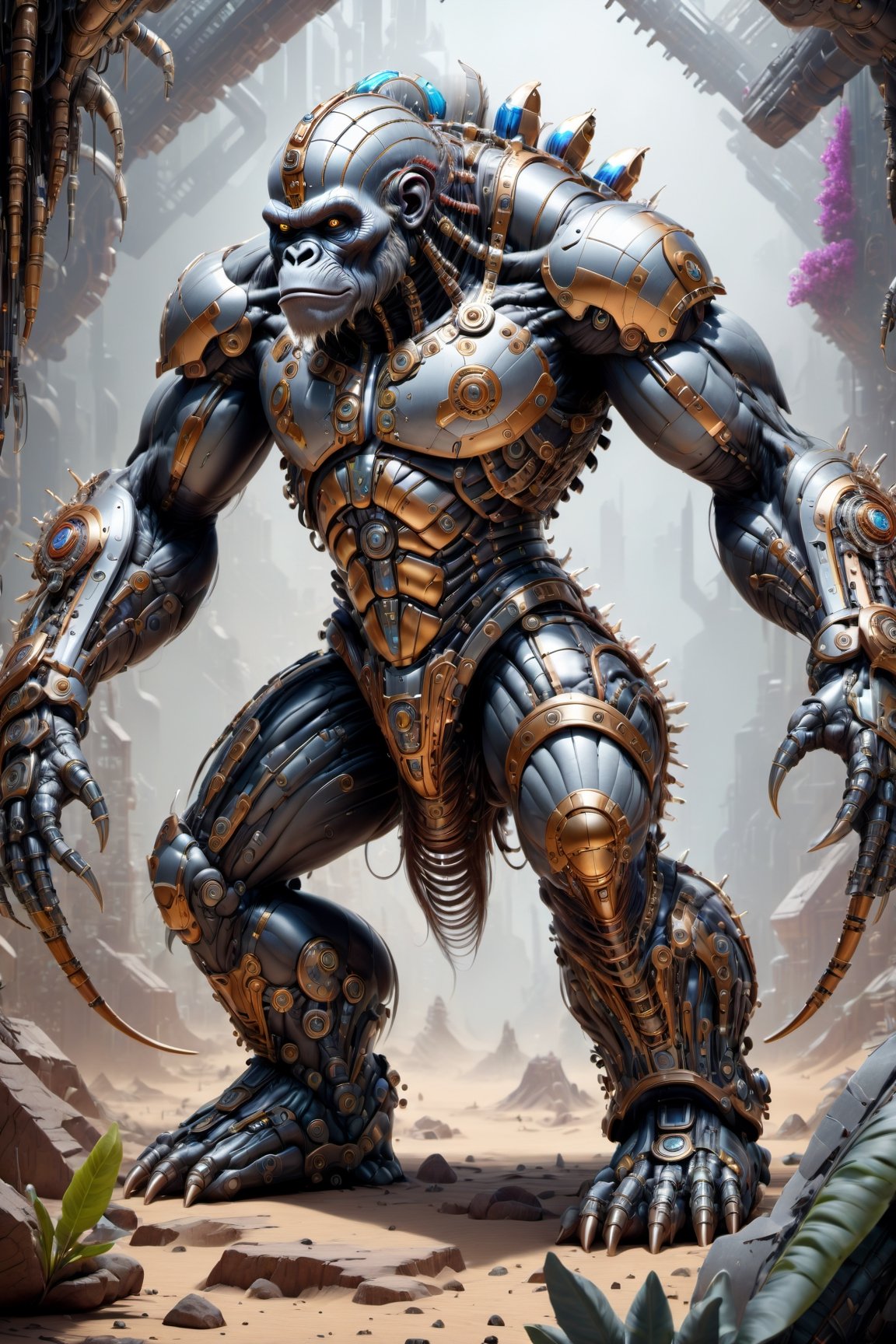 A biotech cyborg ape warrior, covered in detailed intricate metallic tech armor, splash art, fractal art, colorful, a winner photo award, detailed photo, Arnold render, 16K,cyborg style,biopunk style
