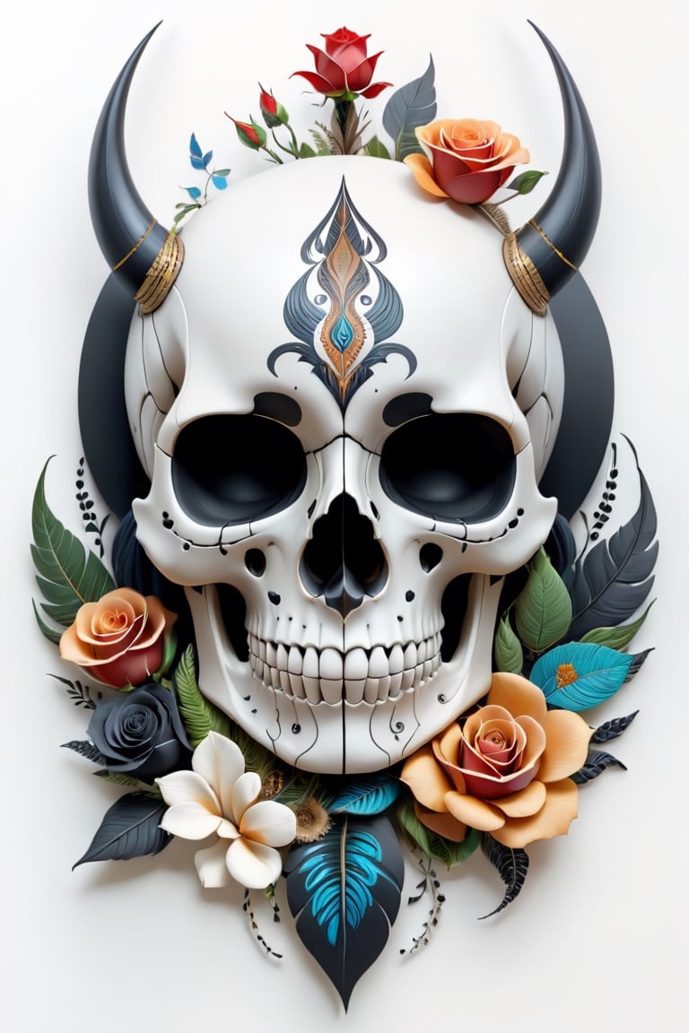 Paint a picture of the perfect balance between art and nature. a tribal dead skull, spirit animal,  Incorporate elements like flowers, black roses, leaves, animals, and other natural patterns to create a unique and intricate design, symmetrical,perfect_symmetry,Leonardo Style,oni style, line_art,3d style, white background,cyborg style