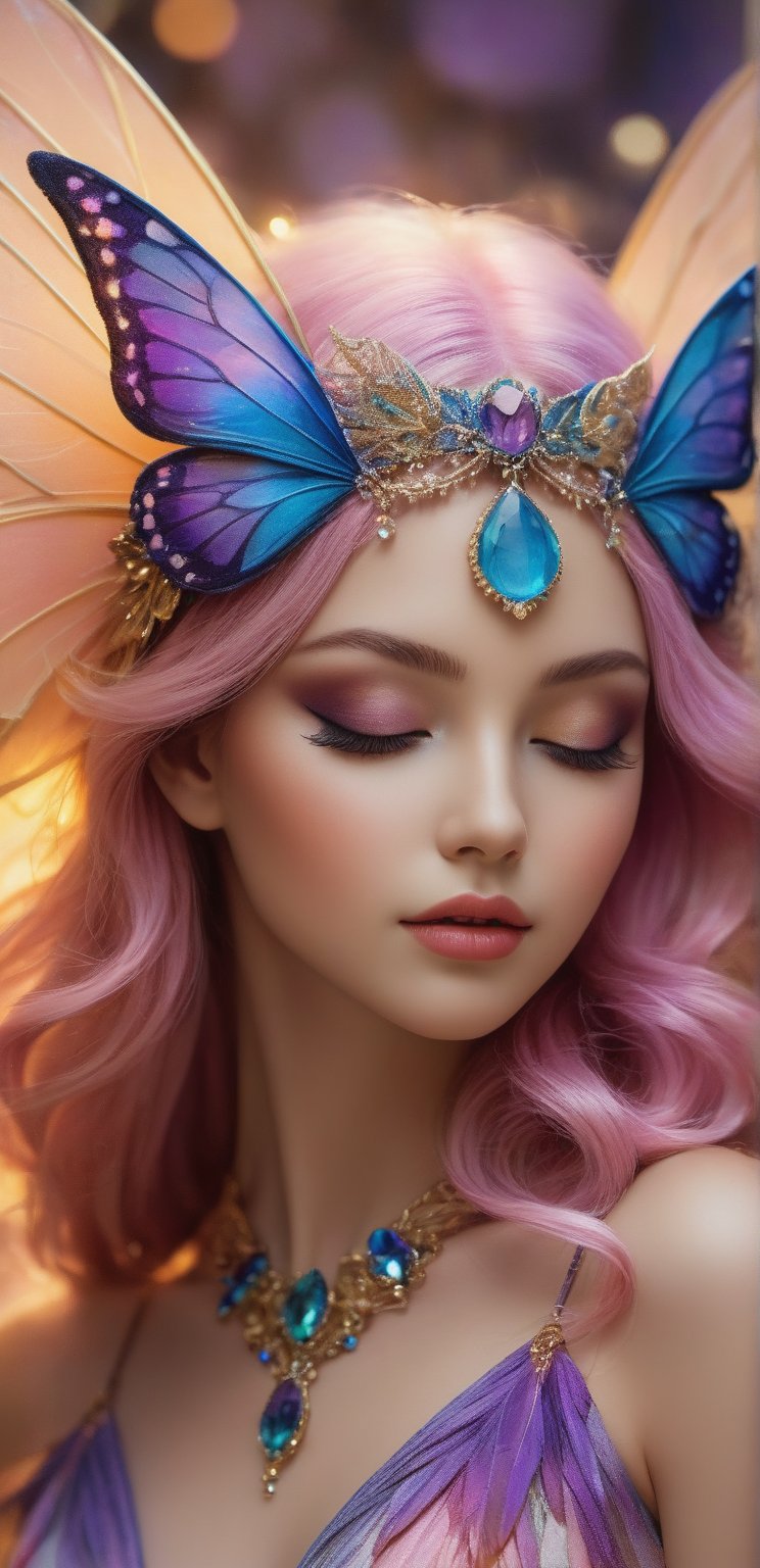 A close-up image of a fairy-like figure with ethereal beauty wearing a whimsical hat, bathed in a gentle glow. The fairy has their eyes closed, showing a serene expression, and their hair blends into an intricate wing structure that outlines their profile. The wings are adorned with a tapestry of feathers, transitioning from pastel to vibrant hues of purples, pinks, and golds. Each feather is detailed, achieving a texture that is both realistic and otherworldly. Light dots and small butterfly motifs are scattered across the wings and background, creating a magical dust or bokeh effect.