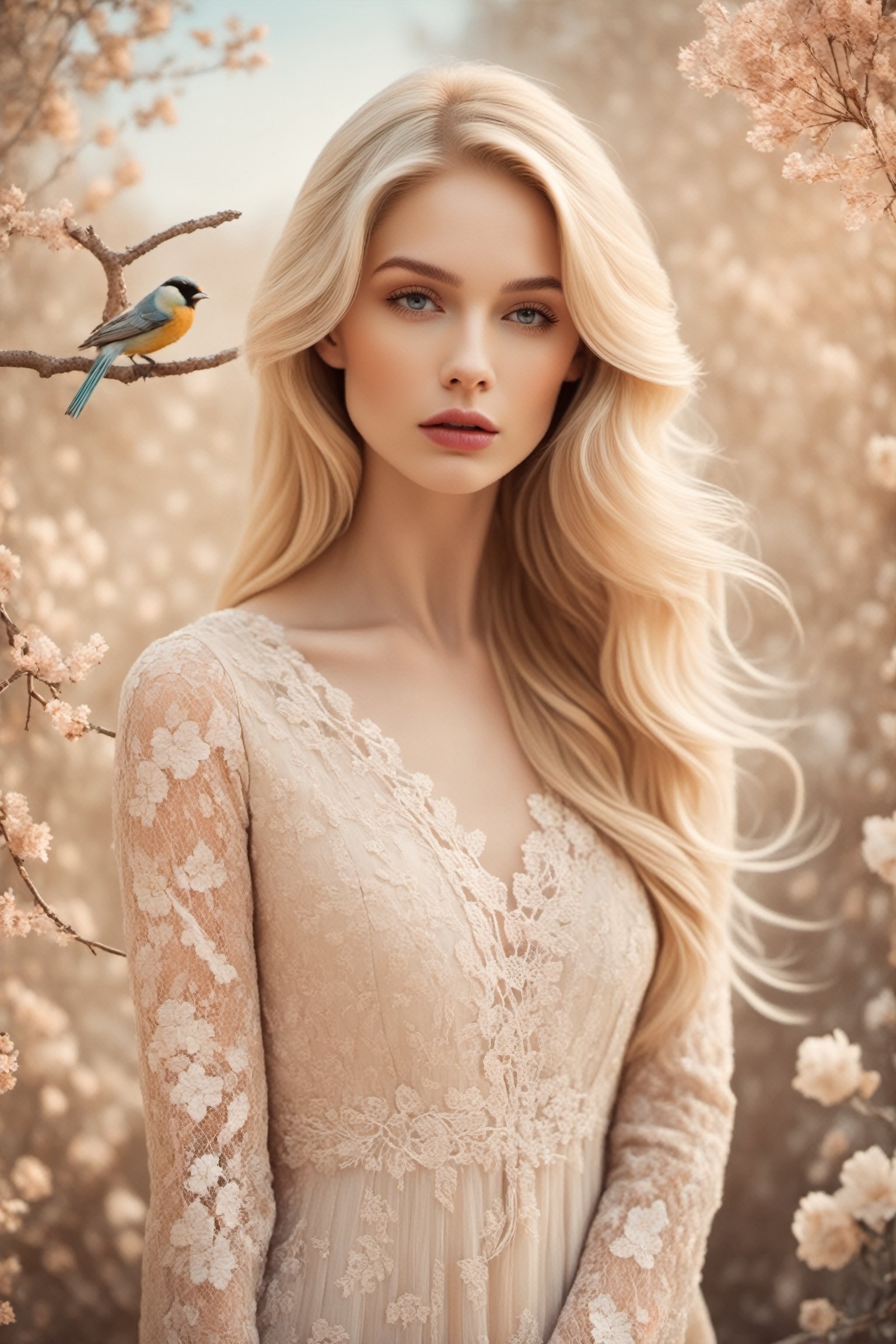 a beautiful young woman, long blonde hair, pale soft skin,lace dress, soft colors, background with birds and flowers, intricate details,