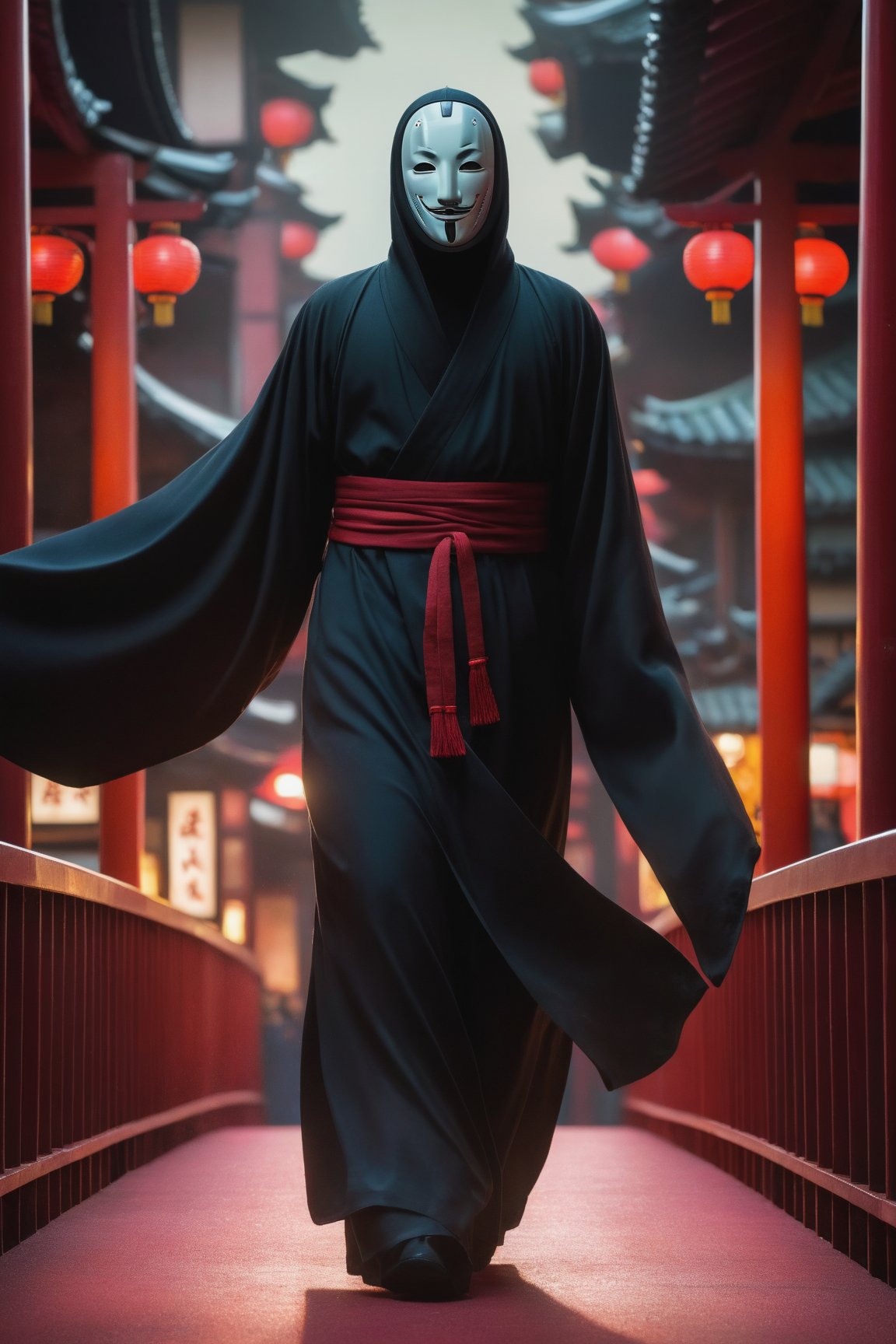 High-energy portrait of No-Face/Kaonashi on a crimson bridge from Spirited Away. Framed in a tight shot, No-Face's imposing figure dominates the composition, standing with legs spread wide and arms outstretched like a dark angel. Harsh red lighting casts an eerie glow, emphasizing his unsettling features. In the style of raw anime, ultra-realistic textures bring forth every detail - from the intricate design on his mask to the subtle sheen on his skin. Pose: powerful, imposing, 1000% stylized, 1:1 aspect ratio, capturing No-Face's otherworldly presence.