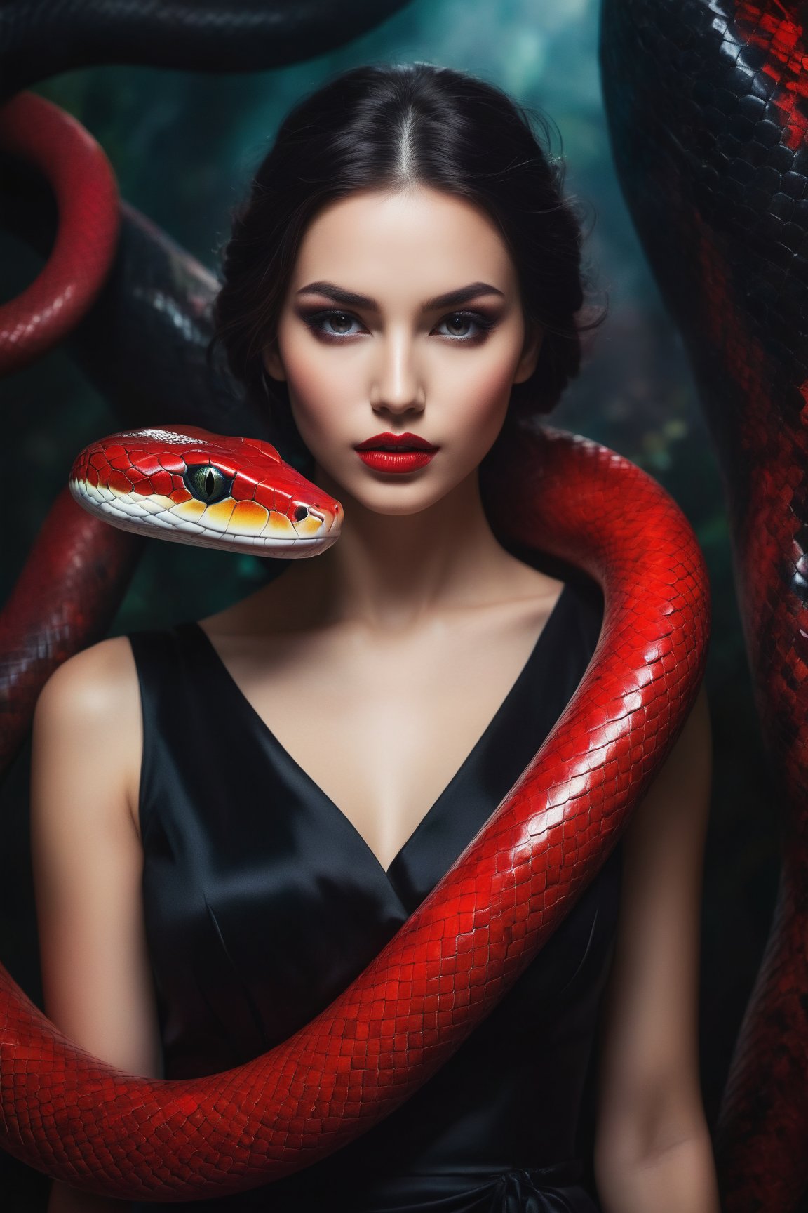 Soft-focused lighting casts an eerie glow on a young woman's enigmatic expression as she cradles a gargantuan red snake in her arms. Her body is encased in a flowing black dress, its silhouette eerily contrasted against the vibrant reptile. A bold stroke of lipstick adds a pop of color to her otherwise stoic features. The subject stands uniformly in a dimly lit, high-contrast environment, inviting the viewer into an unsettling yet alluring world where the boundaries between reality and fantasy blur.
