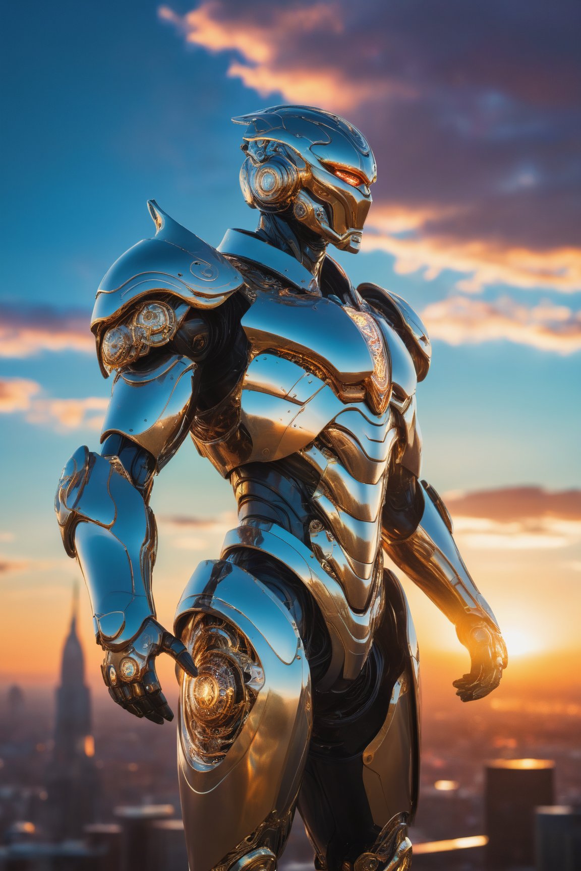 A majestic SteelHeartQuiron cyborg stands majestically against a gradient sunset sky, where volumetric lighting casts an otherworldly glow. In the foreground, the subject's delicate features are rendered in exquisite detail, as if painted by Jean Baptiste Mongue himself. Intricately detailed fluid gouache textures dance across their synthetic skin, while calligraphic strokes adorn their cybernetic enhancements. Marton Bobzert's maximalist photoillustration expertise brings forth an 8k resolution masterpiece, where the subject's elegant pose and expansive presence command the viewer's attention. In the background, a cityscape sprawls in intricate detail, bathed in natural lighting that complements the artificial luminescence of the cyborg's mechanical components.