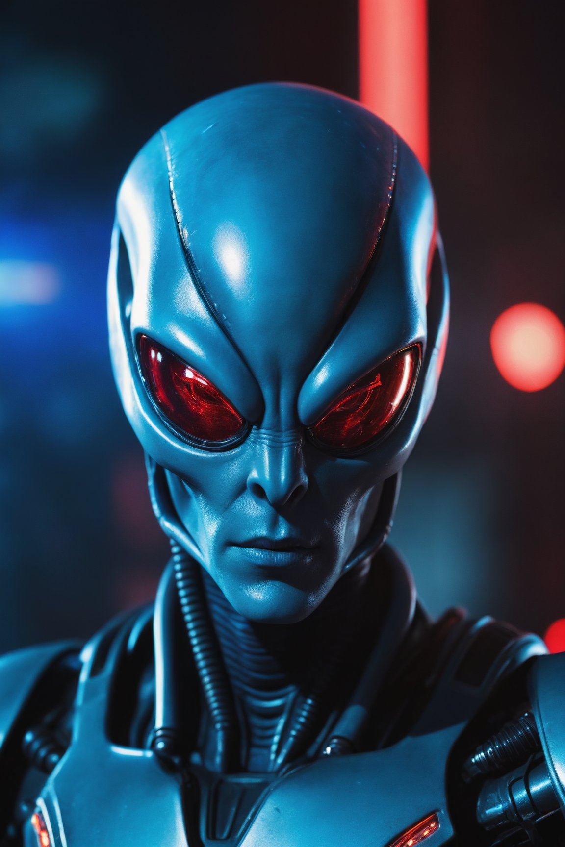 A cinematic still of an alien being with cybernetic eyes, in a scifi style, with detailed skin texture and light reflections on the eye makeup. Blue lighting is in his left eye and red glowing lights are around it. The background is blurred to focus attention on him, holding what appears to be a laser gun or weapon. He has silver metallic armorlike and there are some mechanical parts attached from where he was modified