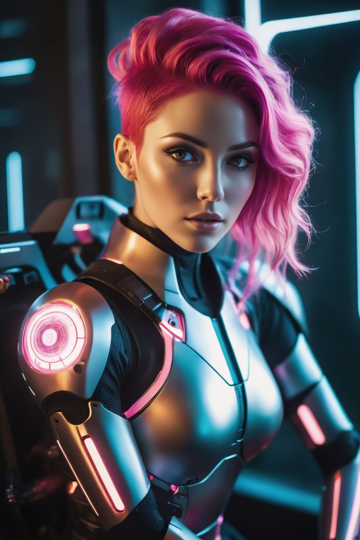 A stunning woman with flowing, vibrant pink hair and glowing eyes full of determination sits in a dimly lit room with a soft, ethereal glow from a panel on the wall. She wears a high-tech exoskeleton with glowing bio-mechanical tendrils, expressing curiosity and empowerment in a futuristic setting.