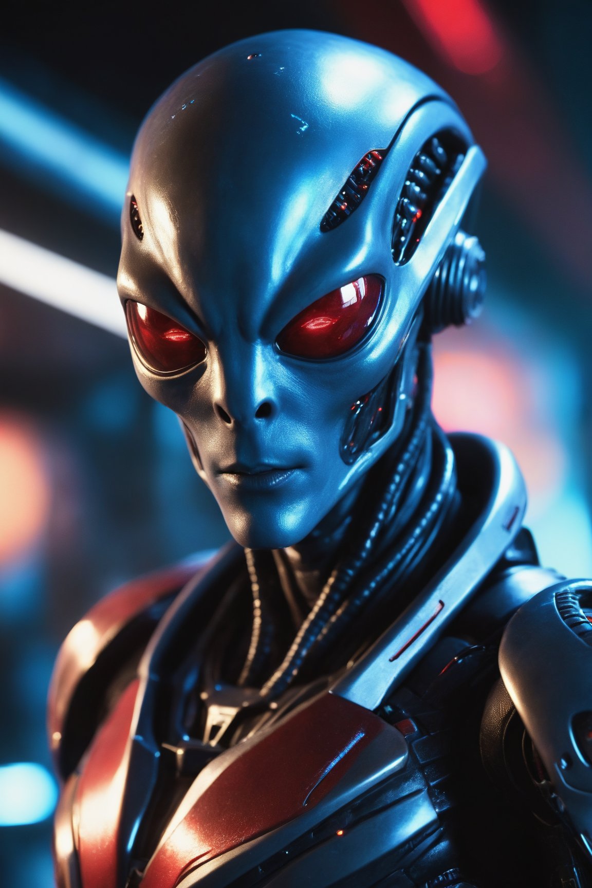 A cinematic still of an alien being with cybernetic eyes, in a scifi style, with detailed skin texture and light reflections on the eye makeup. Blue lighting is in his left eye and red glowing lights are around it. The background is blurred to focus attention on him, holding what appears to be a laser gun or weapon. He has silver metallic armorlike and there are some mechanical parts attached from where he was modified