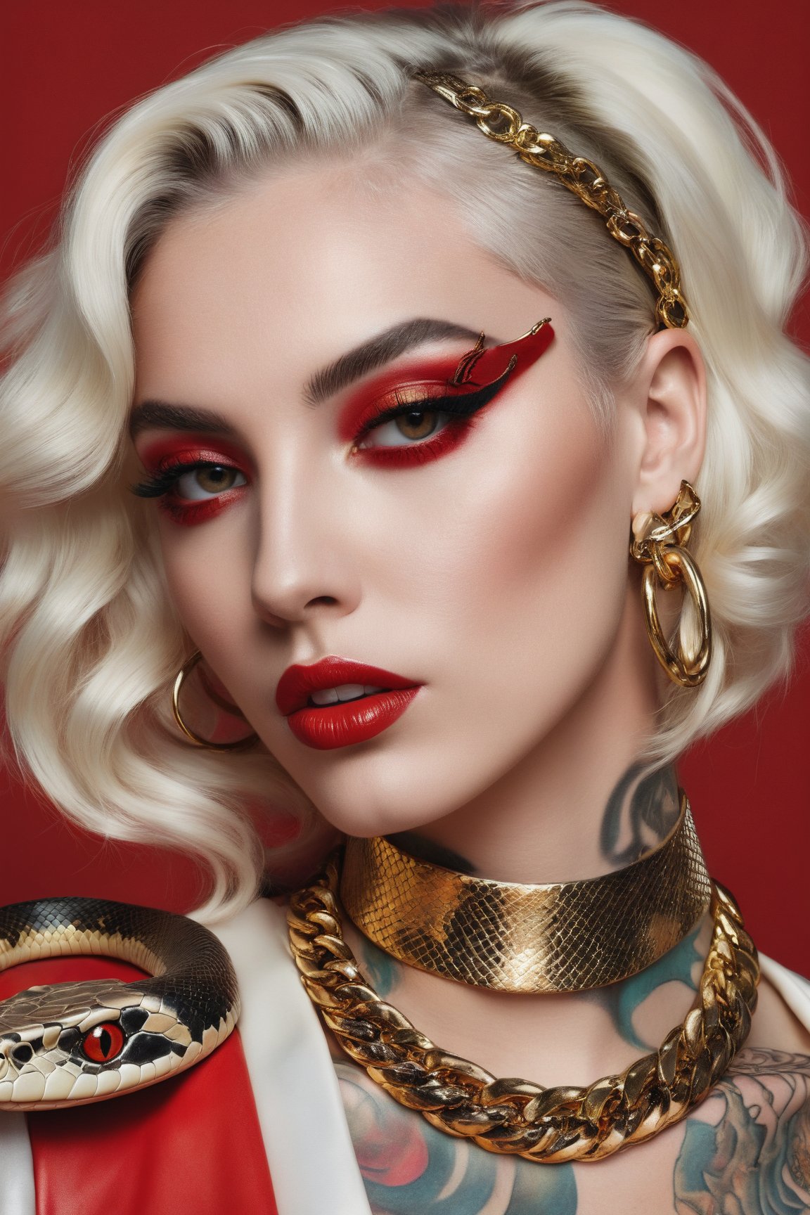 A white skinned woman with red eye makeup, a snake tattoo on her cheek and gold chains around her neck against a red background, in the style of hyper realistic photography. --stylize 250.0