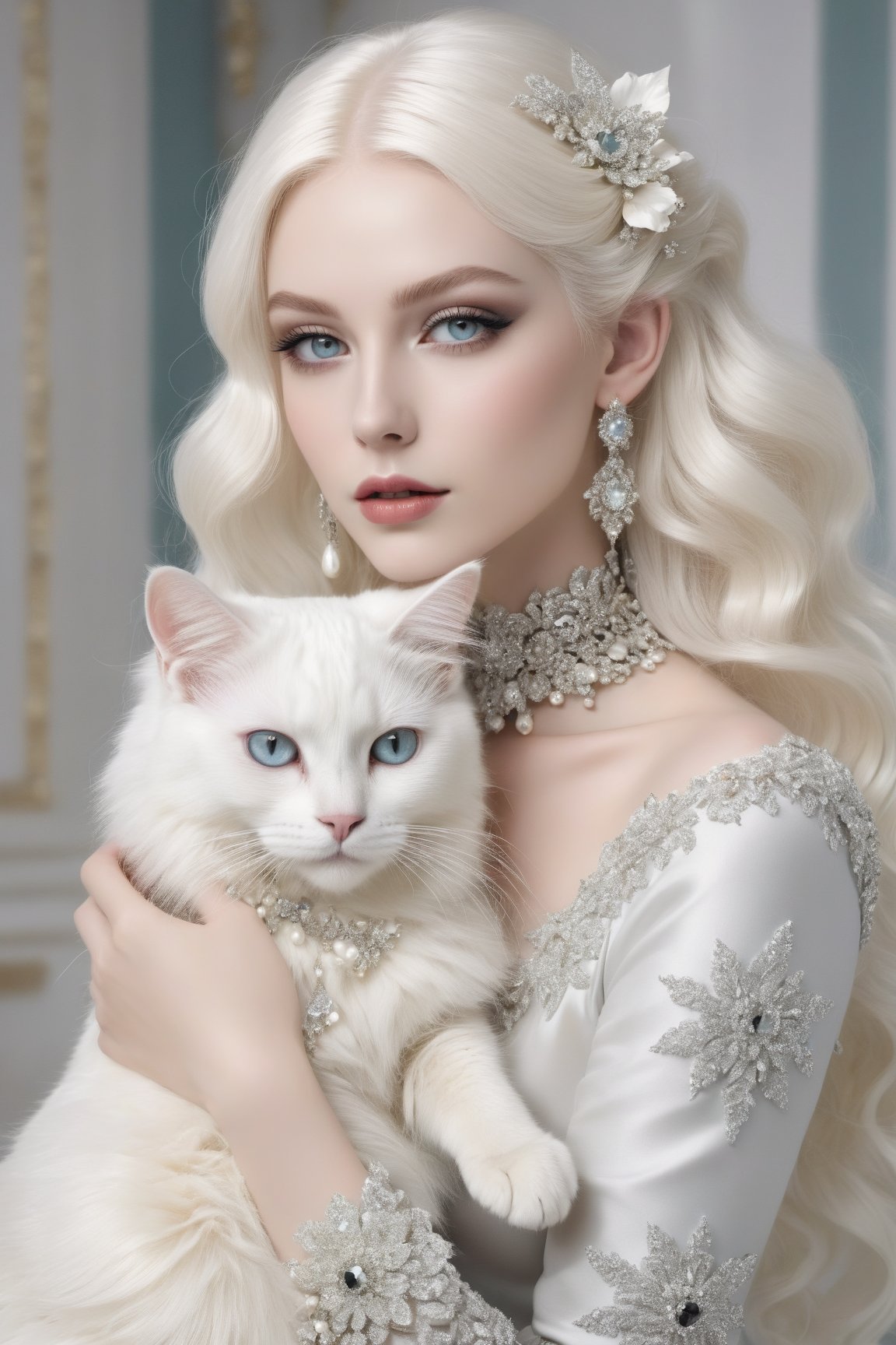 a woman with white hair holding a white cat, inspired by Ray Caesar, covered in jewels, very long snow colored hair, in a white room, black and white colors, white flowers, girl with a pearl earringl, very beautiful elven top model, human cat hybrid, pale skin curly blond hair, black and white coloring