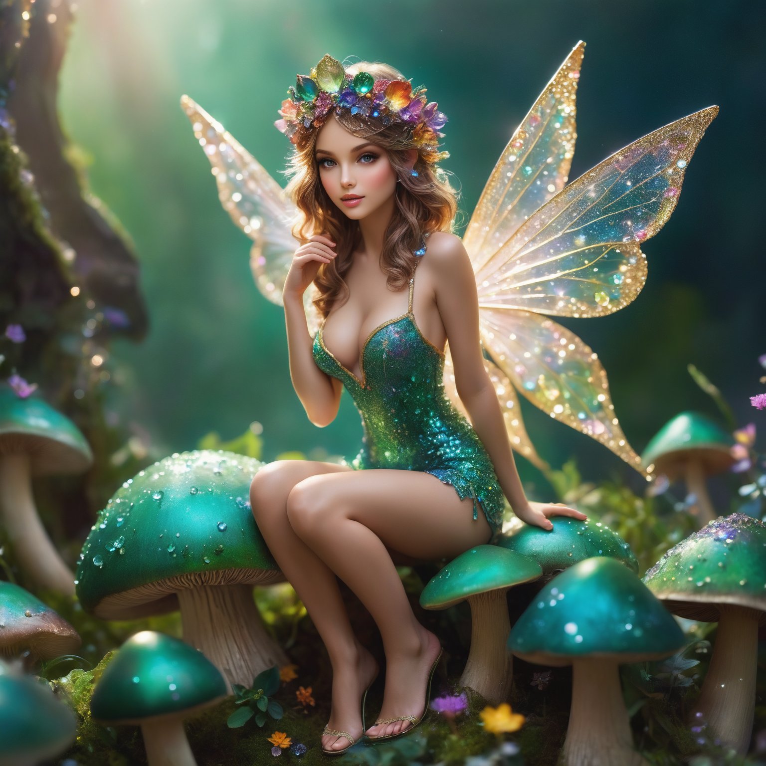 A delicate little sexy fairy perches atop a vibrant green mushroom, encrusted with crystals and glittering gemstones. Dew-kissed petals of magical flowers surround her, exuding an aura of love and happiness. Her large, detailed eyes sparkle with childlike wonder as she gazes into the camera. The soft morning light casts a warm glow, highlighting the intricate textures of her sparkling attire.