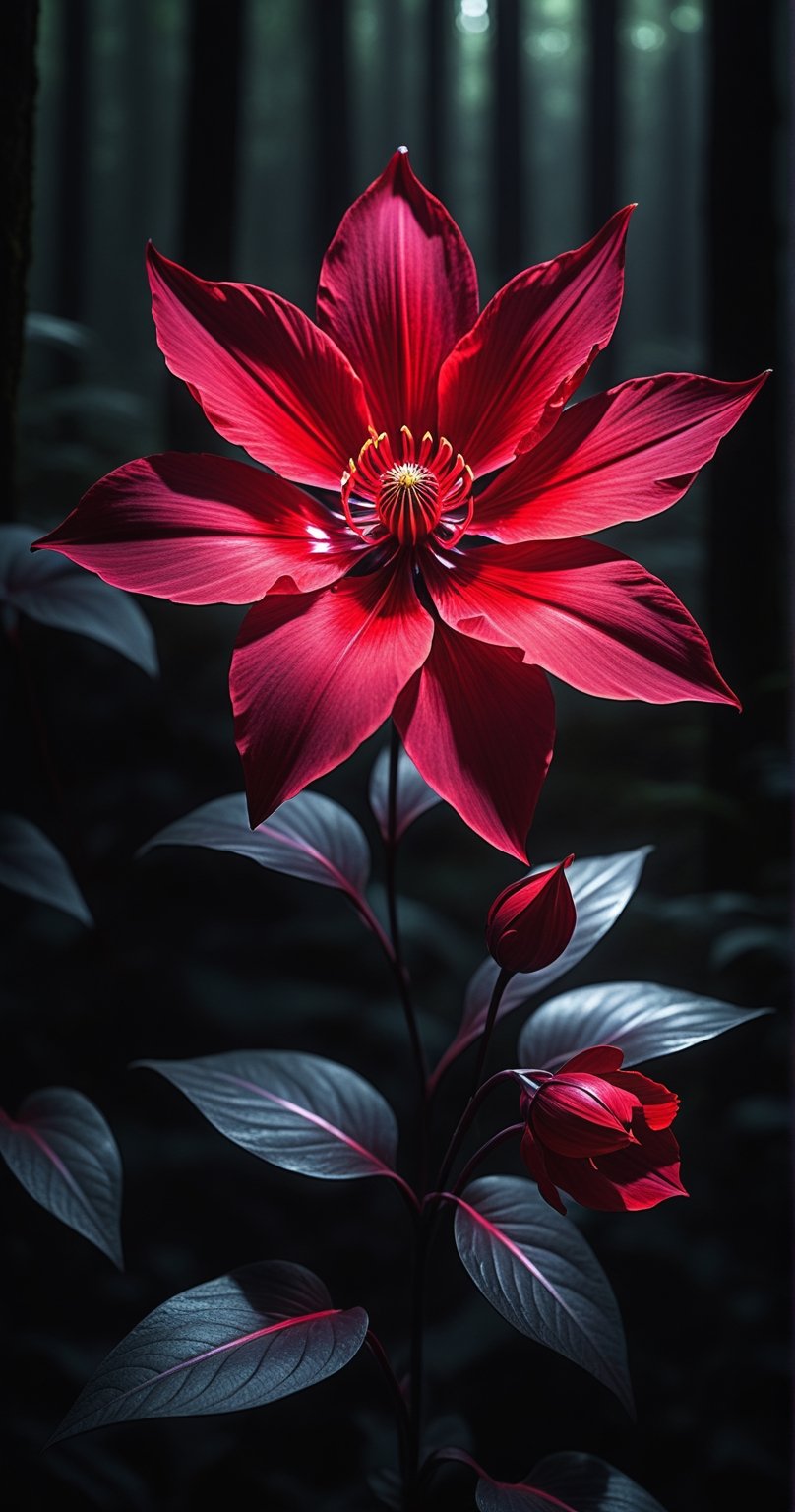 In the depths of darkness, a eerie red flower blooms, its petals glowing with an otherworldly light. Its twisted and jagged petals seem to dance with an unseen wind, casting an ominous glow that illuminates the shadows around it. This mysterious flower, found in the heart of a forbidding forest, is both captivating and unsettling to behold. It exudes an aura of enchantment and danger, as if holding secrets of ancient magic within its crimson petals.