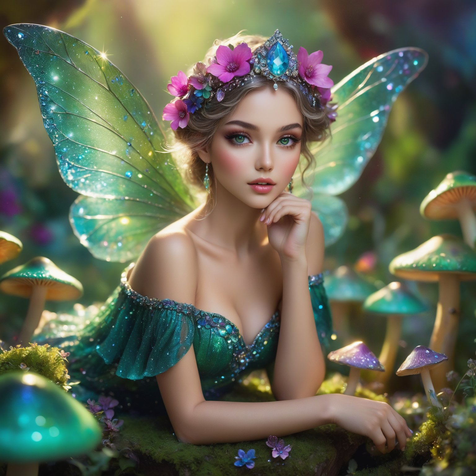 A delicate little sexy fairy perches atop a vibrant green mushroom, encrusted with crystals and glittering gemstones. Dew-kissed petals of magical flowers surround her, exuding an aura of love and happiness. Her large, detailed eyes sparkle with childlike wonder as she gazes into the camera. The soft morning light casts a warm glow, highlighting the intricate textures of her sparkling attire.