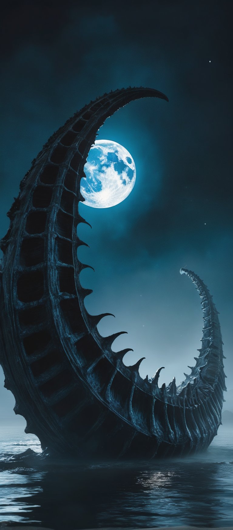 Towering rib bones of an ancient leviathan stand out from the water under the moon, glowing blue where water meets bone. Mist adds a mysterious atmosphere, all captured in a movie-like essence and hyperrealistic detail --ar 1:1 --v 6.0