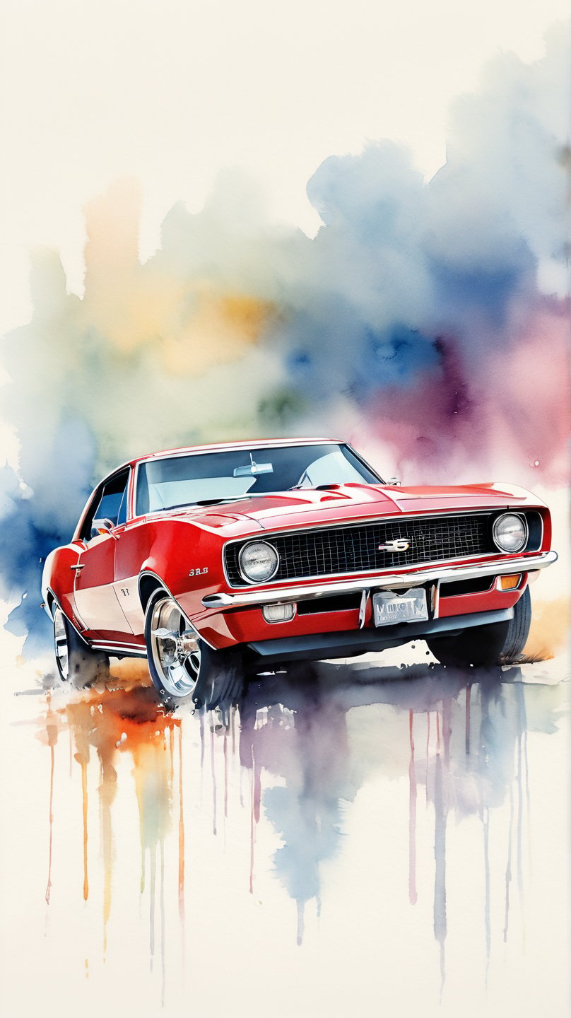 Vividly rendered in a soft focus watercolor style, a 1967 Chevrolet Camaro SS sits prominently on a crisp white background, its sleek design and bold color scheme standing out against the subtle wash of colors. The Camaro's lines are softened by the gentle brushstrokes, yet its muscle car essence remains intact.