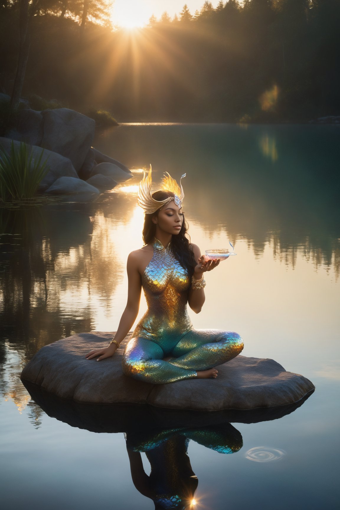 A stunning photograph of a mythical siren-like creature with iridescent skin, enjoying her morning coffee in a serene, tranquil setting. The creature has a long, flowing tail with shimmering scales, and her upper body appears human-like with delicate wings. She sits on a rock by a crystal-clear lake, her morning brew steaming gently in a porcelain cup. The sun rises over the horizon, casting a warm golden light on her and reflecting off the still waters., photoshop (medium)