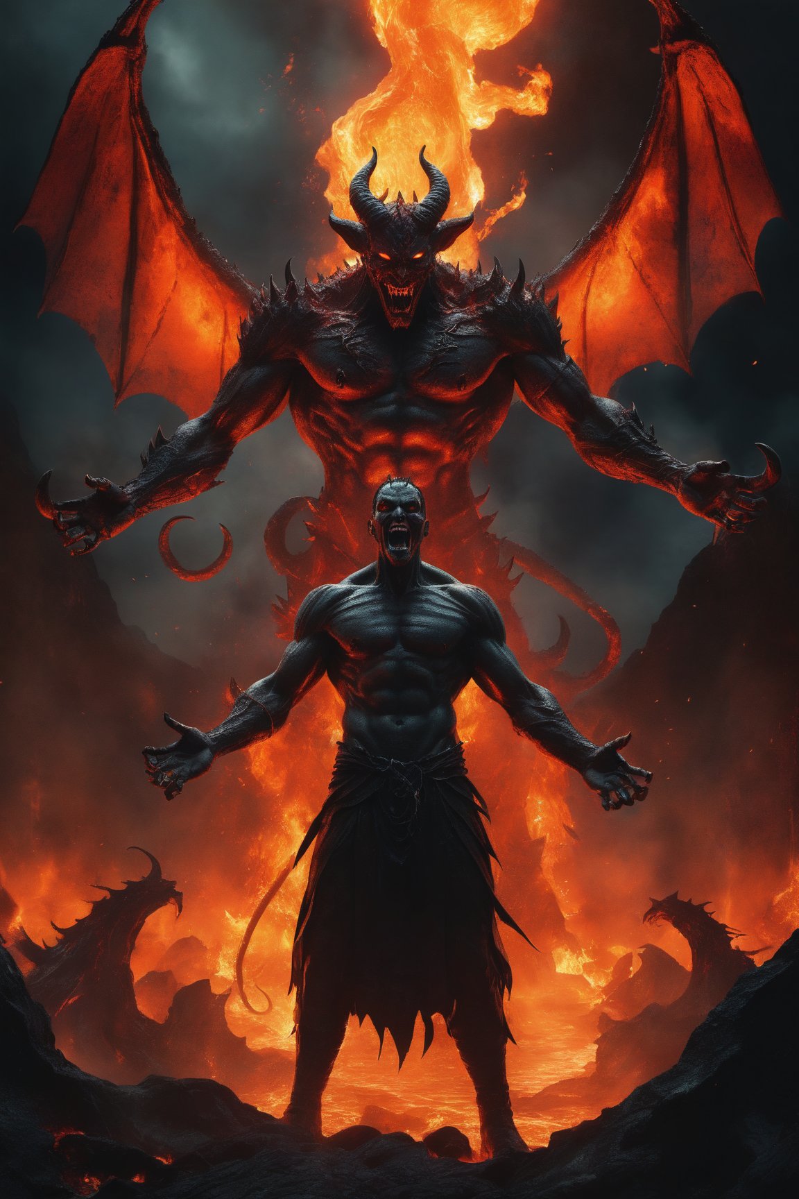 An extraordinary 3D dark fantasy illustration with a cinematic aesthetic, featuring the menacing, demonic figure of Satan standing in a fiery hellscape. His wicked grin is accentuated as he reaches out his hand towards a terrified figure, signifying their imminent doom. The background showcases twisted, towering structures of hell, with lava flows and tormented souls emitting screams of agony. The surrealistic style, with its strong color palette, lighting and shadows, contrasts, and saturation, creates a chilling atmosphere of eternal suffering and darkness., illustration, cinematic, dark fantasy, 3d render