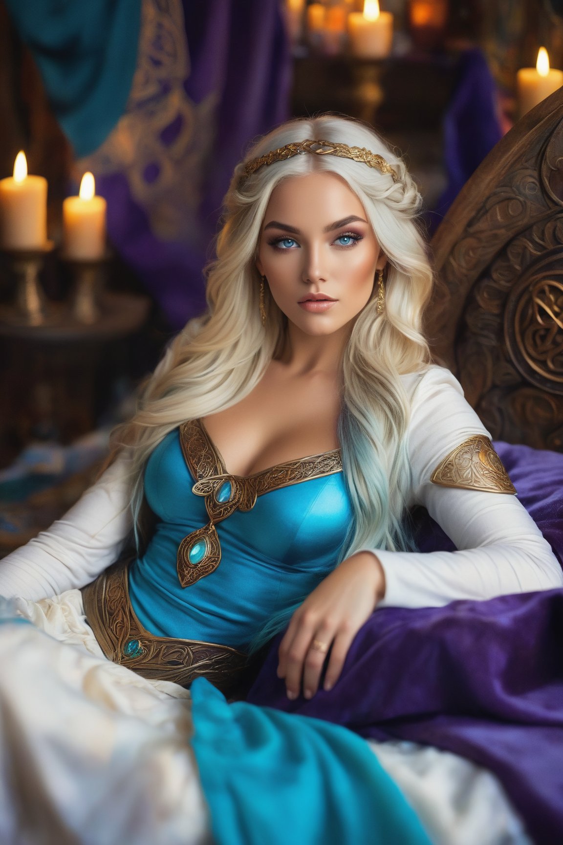 A majestic warrior-maiden reclines on an ornate Celtic wooden bed, surrounded by the soft glow of candles. Her striking features include long, flowing blonde and blue hair, aqua blue eyes that sparkle like gemstones. Intricate Celtic tattoos in shades of purple and orange adorn her skin. A dazzling array of jewelry and dragon-scale armor, shimmering with gold and silver hues, emphasizes her warrior prowess. The vibrant scene is set against a plush, striped blanket in autumnal oranges and creamy whites.