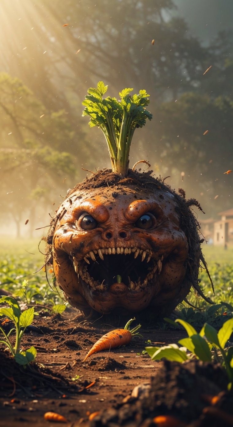 The main object is a carrot with an anthropomorphic face and arms, as if it were coming out of the ground. The carrot has a monstrous face with round eyes, a wide mouth and sharp teeth. The facial expression is clearly evil. Two small human-like hands are positioned on the ground, as if the carrot is raking itself out of the soil. The setting is probably a garden or field, with visible earth and green sprouts all around. The soft lighting and hazy background lighting create an eerie atmosphere. The time of day is either dawn or dusk.