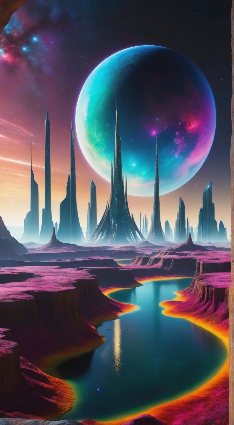 A captivating 3D rendering of an alien world, set in a distant time and place within the vast cosmos. The cityscape is an architectural marvel, featuring towering, bioluminescent structures that emit a dazzling array of colors. The dominant species, with their unique fashion sense, stands proudly amidst this breathtaking landscape. The depth of field adds a dreamlike quality, while the strange colors create an alien atmosphere that captivates the viewer. This photo of an unknown civilization truly showcases the wonders and mysteries of the universe., 3d render, architecture, photo, fashion