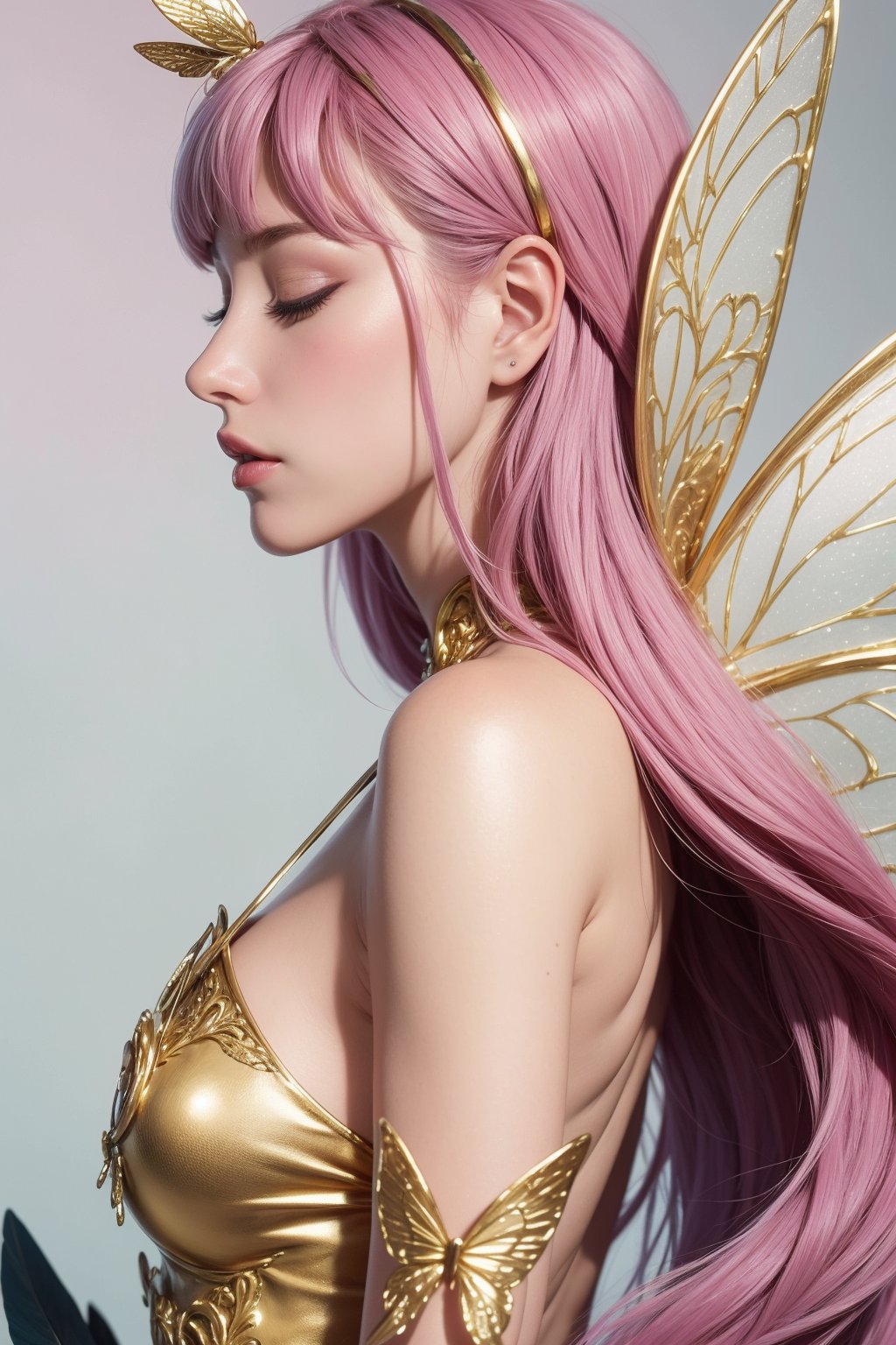A close-up image of a fairy-like figure with ethereal beauty wearing a whimsical hat, bathed in a gentle glow. The fairy has their eyes closed, showing a serene expression, and their hair blends into an intricate wing structure that outlines their profile. The wings are adorned with a tapestry of feathers, transitioning from pastel to vibrant hues of purples, pinks, and golds. Each feather is detailed, achieving a texture that is both realistic and otherworldly. Light dots and small butterfly motifs are scattered across the wings and background, creating a magical dust or bokeh effect.