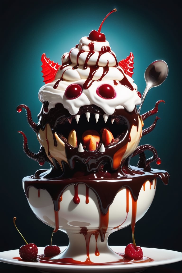 A deliciously creepy and whimsical illustration of a hot fudge sundae transformed into a fantastical creature. The sundae features a mouth full of red eyes and sharp teeth, revealing itself to be a Mimic. Atop the tower of ice cream, nuts, whipped cream, and a cherry, the Mimic gazes out from its sweet abode. The artwork is rendered in a surreal, high contrast style, with dark lighting that emphasizes the contrast between the dessert and the monster within. This detailed and humorous piece is a testament to the creative genius of Bobby Chiu and Loish, showcasing their mastery of concept art and digital painting.