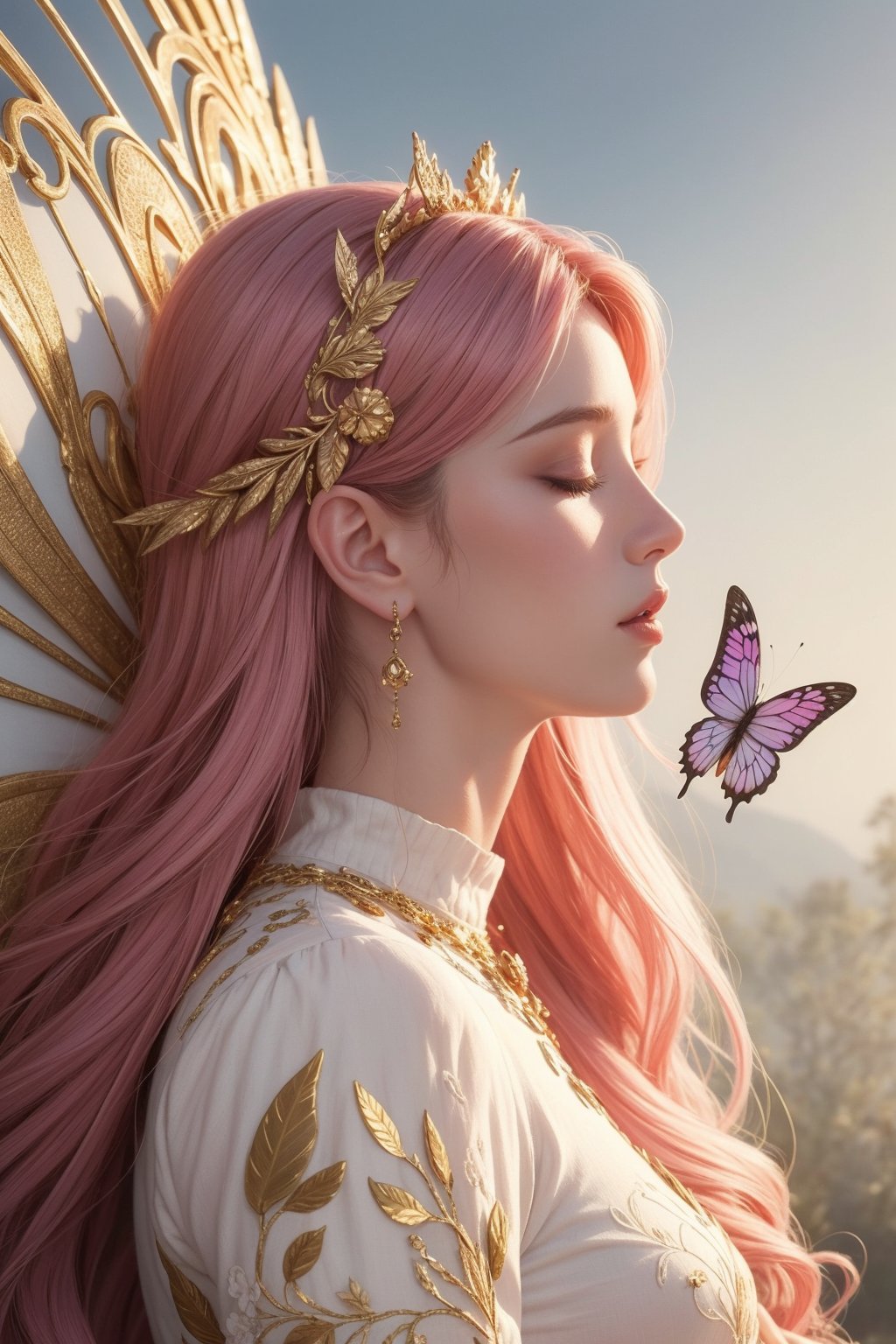A close-up shot of the fairy-like figure's profile, bathed in a soft, golden glow emanating from the intricate wing structure. Her eyes are closed, revealing a serene expression as her hair seamlessly blends into the delicate feathers. The wings' tapestry of pastel to vibrant hues - purples, pinks, and golds - creates an ethereal effect. Texture-rich feather details evoke realism, while scattered light dots and butterfly motifs add a whimsical touch.