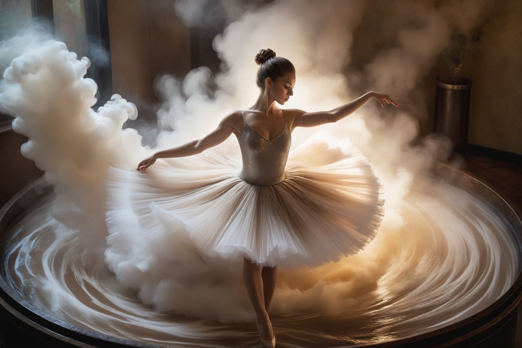 In a dimly lit, smoky room, a delicate ballerina emerges from a whirlpool of creamy coffee foam, her tutu-like skirt wisping outwards as she rises. Artistic brushstrokes adorn the interior of a nearby coffee cup, its rim tracing a circular border around the scene. From above, the viewer gazes upon this whimsical tableau, surrounded by a haze of smoke and scattered coffee beans.