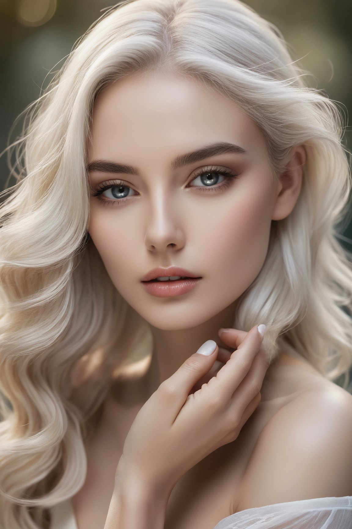 A serene, soft-focused portrait of a statuesque model, gazing directly into the lens. She carefully applies a thin layer of cosmetic cream onto her porcelain-like complexion, her slender hand moving deliberately as if in slow motion. The creamy substance lies flat on her skin, subtly highlighting its natural texture. Long, silken white hair cascades down her back like a river of moonlight, framing her ethereal features.