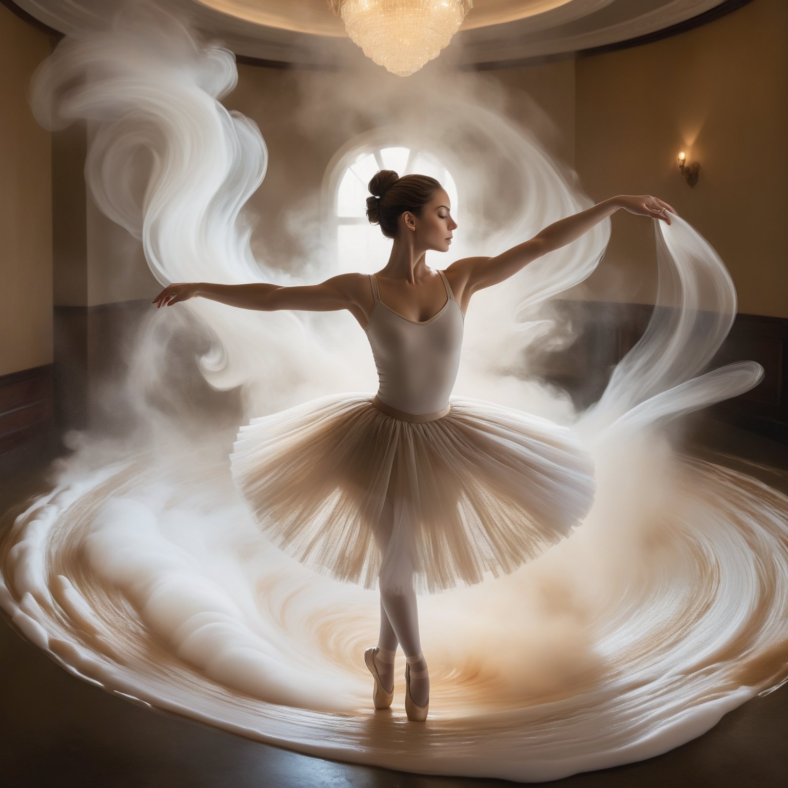 In a dimly lit, smoky room, a delicate ballerina emerges from a whirlpool of creamy coffee foam, her tutu-like skirt wisping outwards as she rises. Artistic brushstrokes adorn the interior of a nearby coffee cup, its rim tracing a circular border around the scene. From above, the viewer gazes upon this whimsical tableau, surrounded by a haze of smoke and scattered coffee beans.