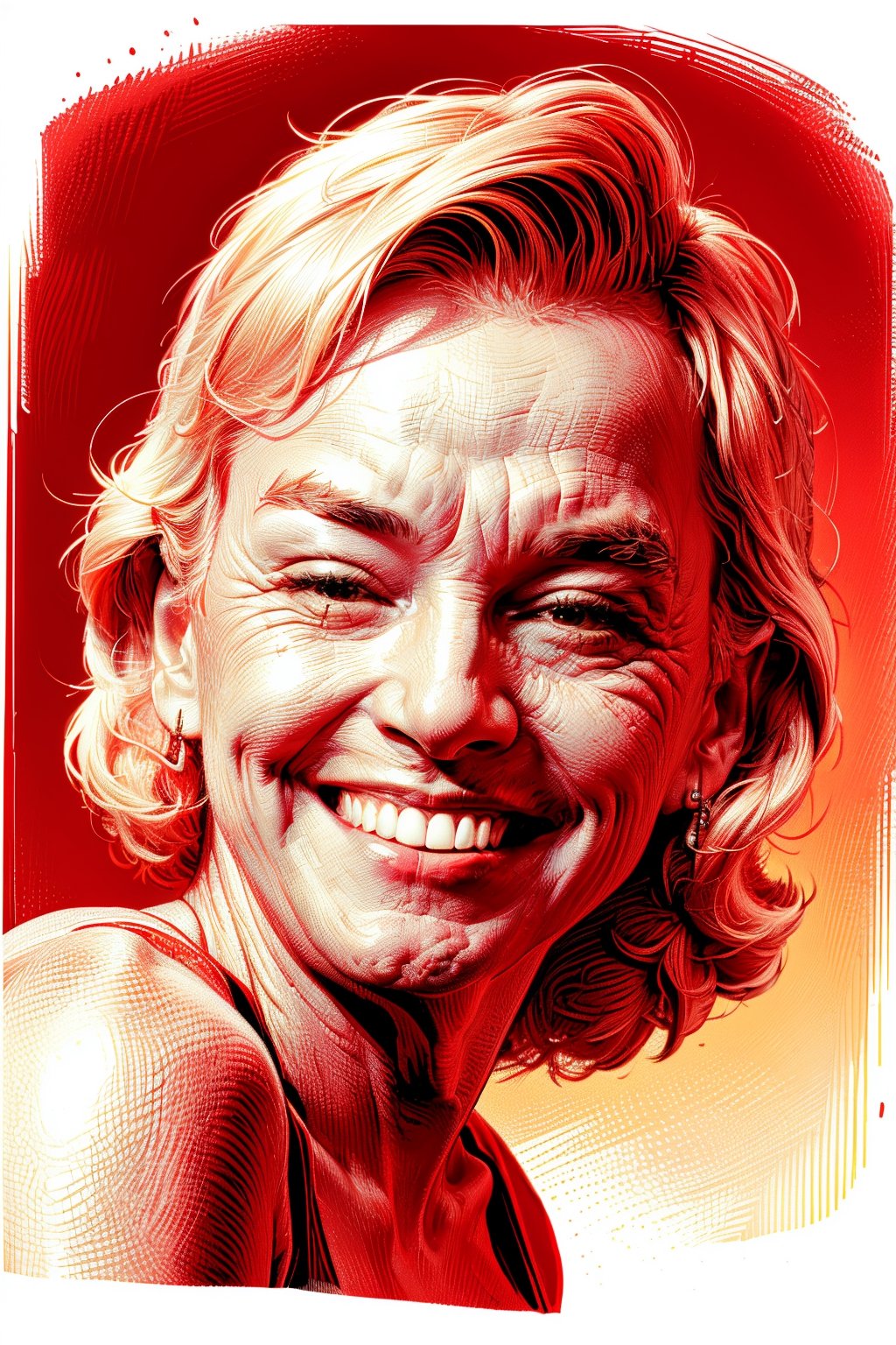 An peach color XTCH illustration portrait of a happy Maryln Monroe, mouth closed, partially shaded face, dark background, visible strong hatched lines, limited palette, monochrome, spot color, brown theme, sharp detailed hatching lines, sharp focus, highest quality, masterpiece, 8K, XTCH,XTCH,crosshatch,portrait