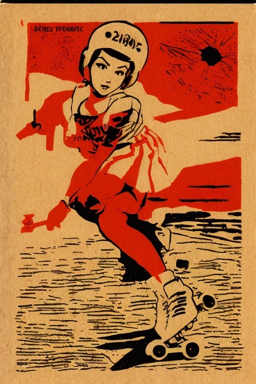 Full body shot, roller derby skater girl “Skatey Perry”.  Illustration presented in silkscreen print style and in the mixed art styles of a pulp comic illustration and Bill Sienkiewicz VSML, Vintage Print Graphics, 1945, 1918