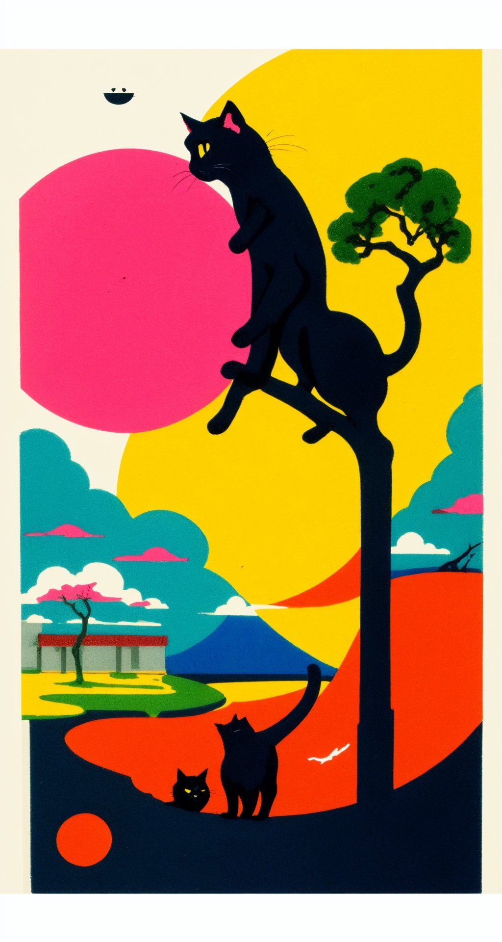 A postcard sized minimalist surreal illustration of a black cat, on a yellow background,with green bonsai tree clouds, and a pink circle of sun, above, vintage ink print, Japanese styled bar and cafe flyer, masterpiece of an illustration, lovely print style. reminiscent of the style of Rene Gruau and Saul Bass, illustration, GBH, landscape, outdoors,illustration,landscape