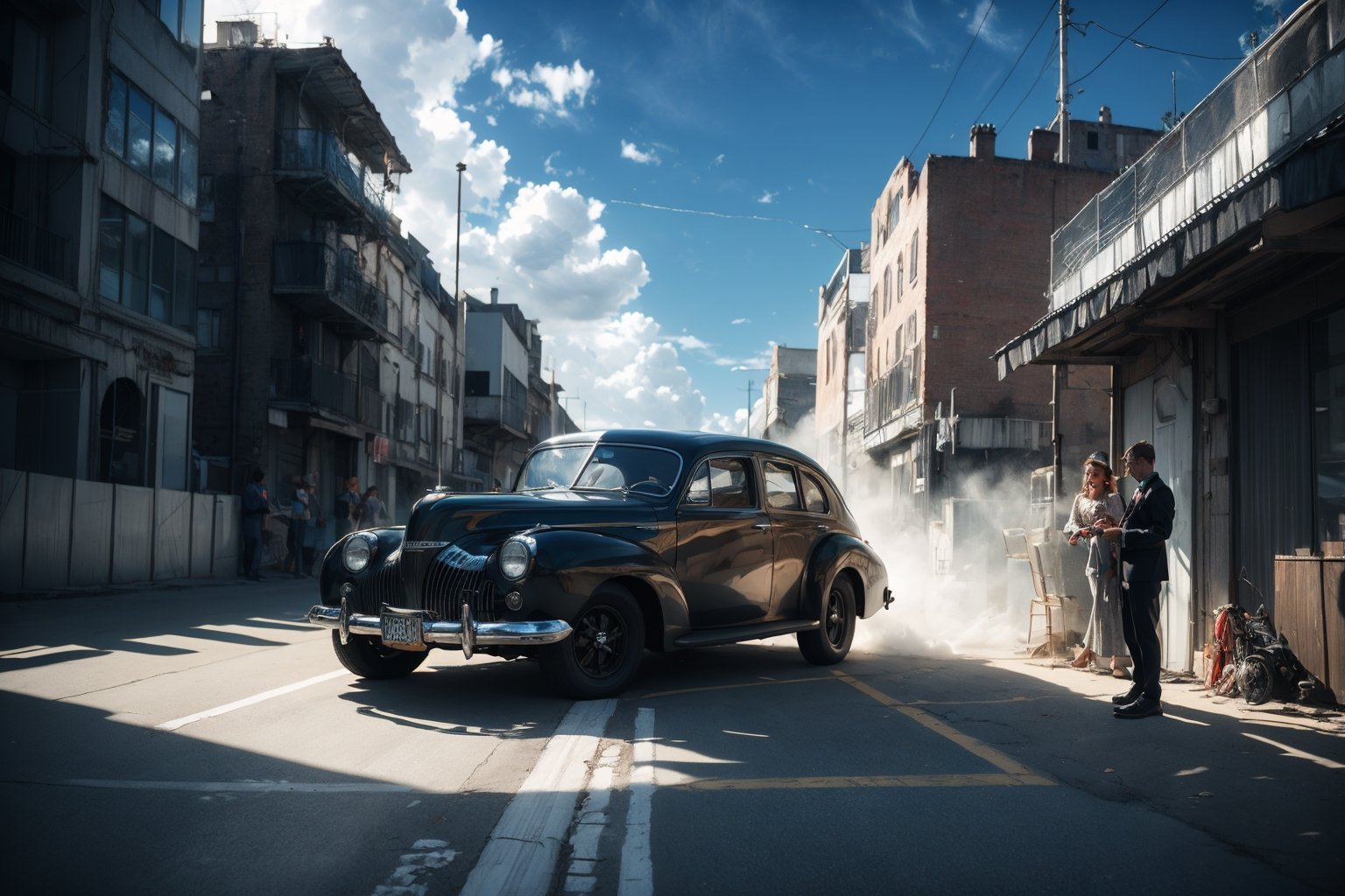 "Generate an enchanting and award-winning masterpiece that transports viewers to the heartwarming era of the 1940s. The central scene should depict a thrilling car race featuring two iconic vehicles from the era: a 1941 Pontiac Streamliner and a 1946 Plymouth Deluxe.

The cars should exude an aura of speed and power, with every detail meticulously rendered. The textures of the metal exteriors should showcase the glint of shiny chrome, and the windows should be polarized and tinted to perfection, adding an air of mystique to the vehicles. Focus on the front of the cars to emphasize their distinct features.

In the foreground, capture a crouching and delighted kid who is eagerly watching the race. The child should be dressed in a charming 1940s-style outfit, complete with a short suit and a classic newsboy hat. The fabric of the clothing and the details of the outfit should be rendered with precision.

The child's eyes should sparkle with excitement and wonder as they gaze upon the racing cars, conveying the joy and nostalgia of the moment. Their expression should evoke a sense of happiness and anticipation, reminding viewers of the simple joys of childhood.

Infuse the scene with a vibrant and cinematic color palette, enhancing the nostalgic atmosphere of the 1940s. Ensure that the entire scene is well-illuminated, capturing the warmth of the daytime sun. Utilize dramatic illumination to add depth and dimension to the composition, casting dynamic shadows and highlights.

Implement High Dynamic Range (HDR) techniques to capture a wide range of tones and colors, enhancing the visual impact of the artwork. This masterpiece should be created in an astonishing 32k resolution, allowing viewers to appreciate every nuance and detail.

Ultimately, this artwork should be an emotionally resonant and award-winning portrayal of a 1940s car race, evoking feelings of happiness, nostalgia, and the timeless wonder of childhood."