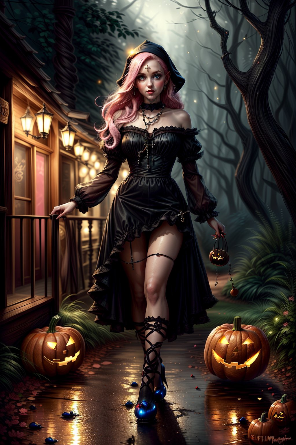 full body a cute charming halloween ((gargamel))  wearing a (((his classic outfit and a rosary))),  glitter,  in a dark magical forest, an ultra hd detailed painting, digital art, big dark eyes, hold a pumpkin, Jean-Baptiste Monge style, bright, beautiful, splash, Glittering, cute and adorable, filigree, rim lighting, lights, extremely, magic, surreal, fantasy, digital art, wlop, french dress, panty showing, ((pink panties))