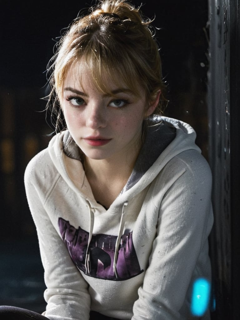 ((masterpiece, best quality)), absurdres, (Photorealistic 1.2), sharp focus, highly detailed, top quality, Ultra-High Resolution, HDR, 8K, upper body shot,epiC35mm, film grain, 

photo of cute college girl, 18 year old blonde, Gwen Stacy (Emma stone:1.2) from Spider-Man,
(((reimagined as  as an assassin))), (John Wick movie style) (((gothic-punk style))) (sitting on a dark building roof border at night), 

(((wearing white hoodie sweatpants))),

 (freckles:1.4), slim body, small boobs, normal hips, pale skin, short ponytail  blond hair,      photo of perfect eyes, blue eyes, ,