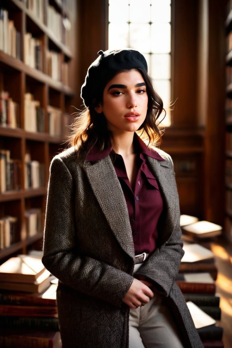 HQ photography, closeup portrait, sharp focus, bokeh background, high contrast, In a serene, cinematic setting, a lovely, young woman, reminiscent of Angeline, sits in an antique university library, Degas-like attention to detail captures every curl and curve of her body. In the background, an antique library full of books and ladders is bathed by the afternoon sun rays, creating a sense of depth and atmosphere. The overall effect is stunning, with cinematic flair, masterpiece, shines brightly on ArtStation, trending for all to admire.,dark academia outfit, brown grey burgundy color palette, Rembrandt Lighting Style,darkacademia,photorealistic,shirt, collar shirt, plaid coat, long coat, tweed pants, tweed pants, beret,Kodak Motion Picture Film Style, Kodak Motion Picture Film, ,dualipa, Dua Lipa,